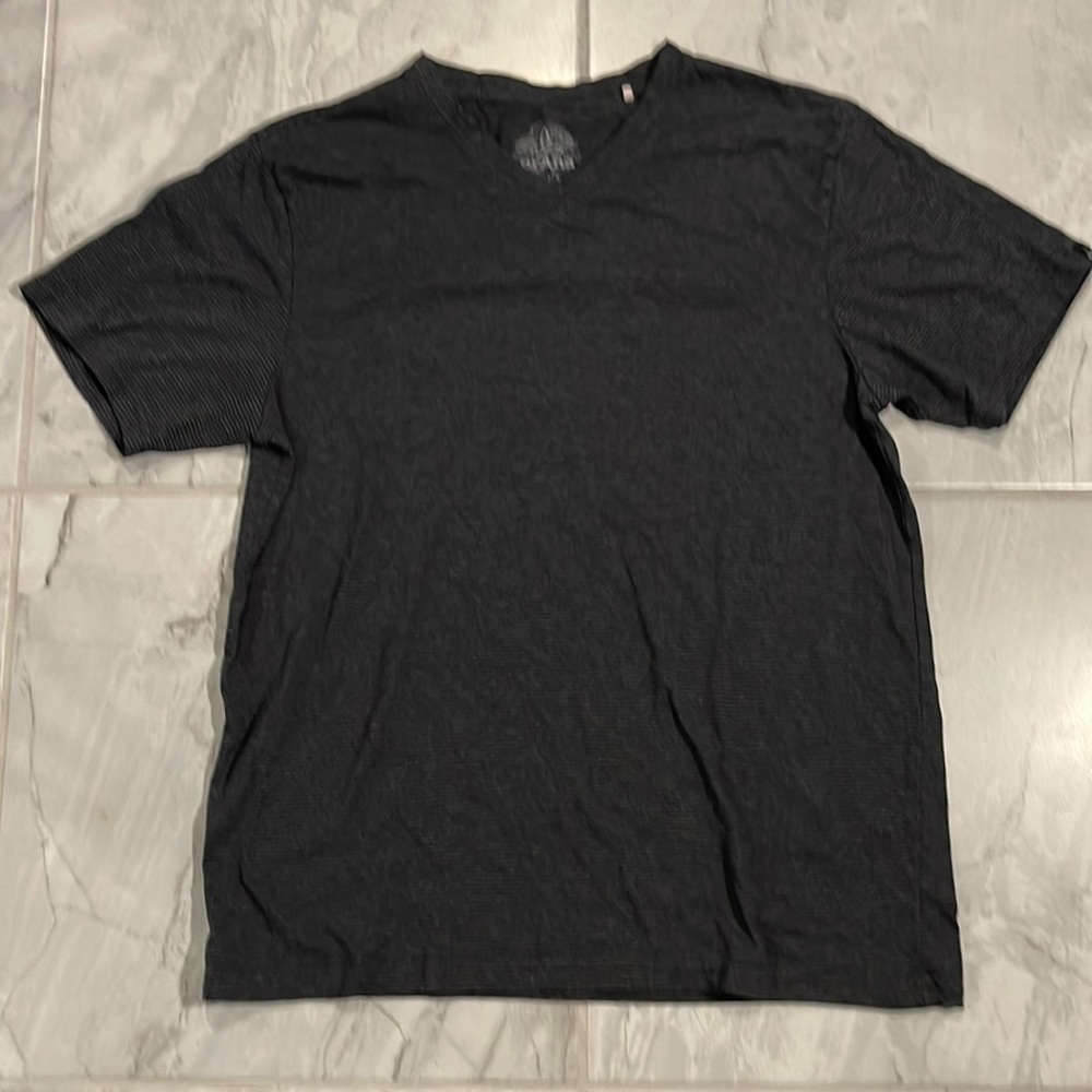 Prana organic cotton v neck shirt M black gray stripes